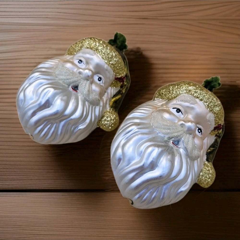 Pair Of Vintage SANTA HEAD Ornaments 5" Plastic Gold And Green